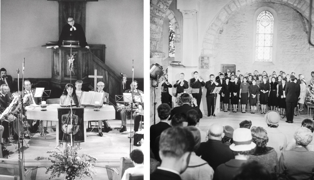 Le culte radio à Orbe, en 1963 (à gauche) et pour Pâques à Villeneuve en 1961 (à doite) Le culte radio à Orbe, en 1963 (à gauche) et pour Pâques à Villeneuve en 1961 (à doite) / © Edipresse/Jean-Pierre Grisel / Archives RTS